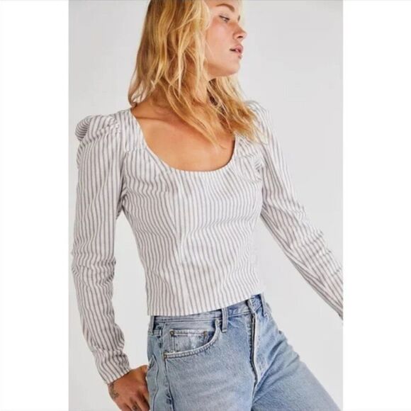 Free People white grey neutral stripe Caroline U-neck princess long sleeve top - Picture 6 of 6